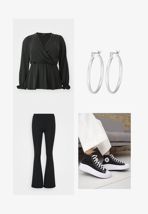 Vero Moda Curve VMCMARY SMOCK - Pluus - black; Mustad flared püksid venivast kangast, kõrge vöökoht ja sile tekstuur. Püksid laienevad põlve kohalt.; Mustad musträgiga kõrge vars sneakerid valgete kummist tallade ja paeltega. Küljel on ringikujuline logo ja kontrastne valge õmblus.; Hõbedased rõngaskõrvarõngad, millel on sile, läikiv viimistlus. Ümmargune kuju ja turvaline klõpsulatus. Kerge disain, sobib igapäevaseks kandmiseks.