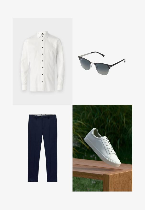 Biela košeľa s dlhým rukávom vyrobená z hladkej tkaniny, ktorá má golier s gombíkmi a šesť čiernych gombíkov po celej prednej strane.; Námornícke modré nohavice so slim fit strihom a prúžkovaným vzorom. Obsahujú zips, pútká na opasok a predné vrecká. Hladká textúra látky.; Biele šnurovacie tenisky sa vznášajú nad drevenou lavicou so zeleným porastom v pozadí, predvádzajúc design a textúru topánok.; Čierne a strieborné slnečné okuliare v tvare mačacích očí so stupňovými šošovkami a kovovými akcentmi na ráme. Plastové nožičky s šedými koncami.