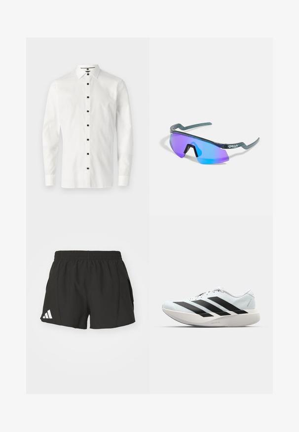 Chemise blanche à manches longues en tissu lisse, dotée d'un col à rabat et de six boutons noirs sur le devant.; Shorts de sport noirs en matériau léger, dotés d'une taille élastique, de poches latérales et d'un logo Adidas blanc sur la jambe gauche.; Baskets de course légères en bleu pâle avec des rayures noires. Elles présentent un dessus lisse, un embout rond et une semelle intermédiaire blanche épaisse étiquetée "LIGHTSTRIKE PRO".; Lunettes de soleil au design enveloppant avec des verres miroitants bleus et violets, monture verte et branches angulaires distinctives.