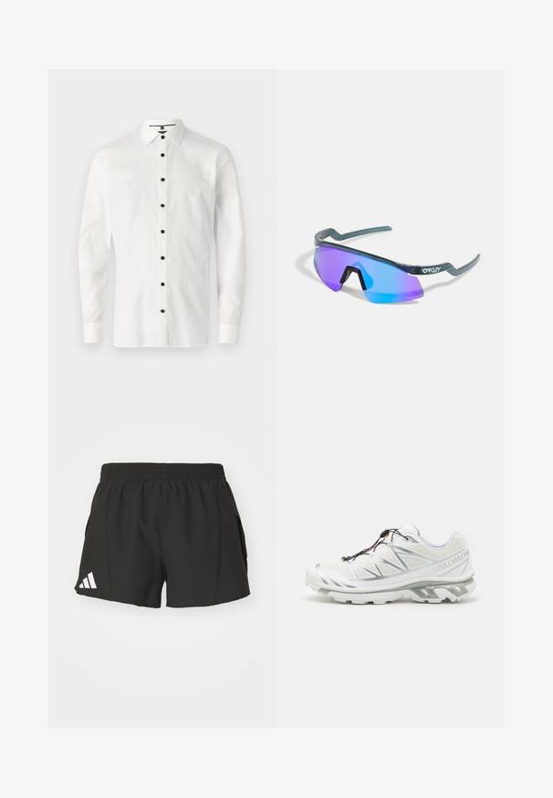 Bílé triko s dlouhým rukávem vyrobené z hladkého materiálu, které má límec na knoflíky a šest černých knoflíků vpředu.; Černé sportovní šortky vyrobené z lehkého materiálu, se elastickým pasem, bočními kapsami a bílým logem Adidas na levé noze.; Bílé sportovní boty s texturovaným svrškem, reflexními detaily a šedou podešví. Vyznačují se akcentovanými trojúhelníkovými vzory a systémem rychlého šněrování.; Sluneční brýle s obepínajícím designem, modro-fialovými zrcadlovými čočkami, zeleným rámem a charakteristickými šikmými nohami.