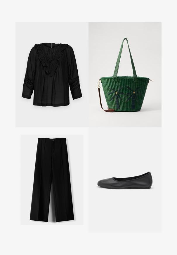 Blusa nera con scollo a V arricciato, maniche a tre quarti e dettagli arricciati sulle spalle, realizzata in un tessuto liscio e leggero.; Pantaloni neri a gamba larga realizzati in tessuto leggero, caratterizzati da una chiusura frontale con bottone e frontale piatto, con orli cuciti con precisione.; Pantofole da balletto nere in pelle con punta arrotondata, texture liscia, dettagli di cucitura minimi e design con suola flessibile.; Borsa a rete verde con design di palme in verde scuro; presenta due manici e una tracolla staccabile in pelle marrone.