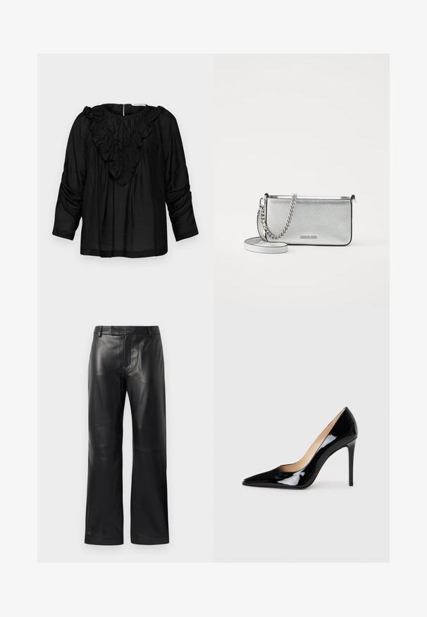 Blusa nera con scollo a V arricciato, maniche a tre quarti e dettagli arricciati sulle spalle, realizzata in un tessuto liscio e leggero.; Pantaloni neri in ecopelle a gamba dritta con passanti per cintura e chiusura frontale nascosta, esposti su uno sfondo bianco.; Décolleté in pelle verniciata nera con design a punta e silhouette elegante. Presenta una finitura liscia e lucida e un tacco a stiletto sottile.; Borsa a tracolla in pelle argentata con finitura texturizzata, dettagli in catena e tracolla, e chiusura con zip. Presenta un logo sul davanti.