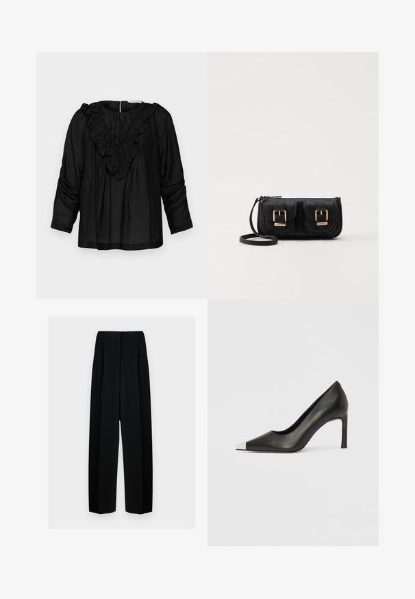 Mustat pusero, jossa on röyhelöillä varustettu V-kaula-aukko, kolmannelta neljännekseltä hihat ja kokoontumisdetaileja hartioilla, valmistettu sileästä ja kevyestä kankaasta.; Mustat leveät housut korkealla vyötäröllä, joissa on laskokset ja sileä pinta. Kangas näyttää kevyeltä ja laskeutuu kauniisti.; Musta nahkainen korkokenkä, jossa on kärkiosa ja metallinen hopeanvärinen kärki. Kenkä on sileäpintainen ja siinä on kapea 10 cm korko.; Musta nahkainen olkalaukku, jossa on kaksi etutaskua, kultaiset soljet, vetoketjukiinnitys ja kapea hihna. Teksturoidun pinnan ja kompaktin suorakaiteen muoto.