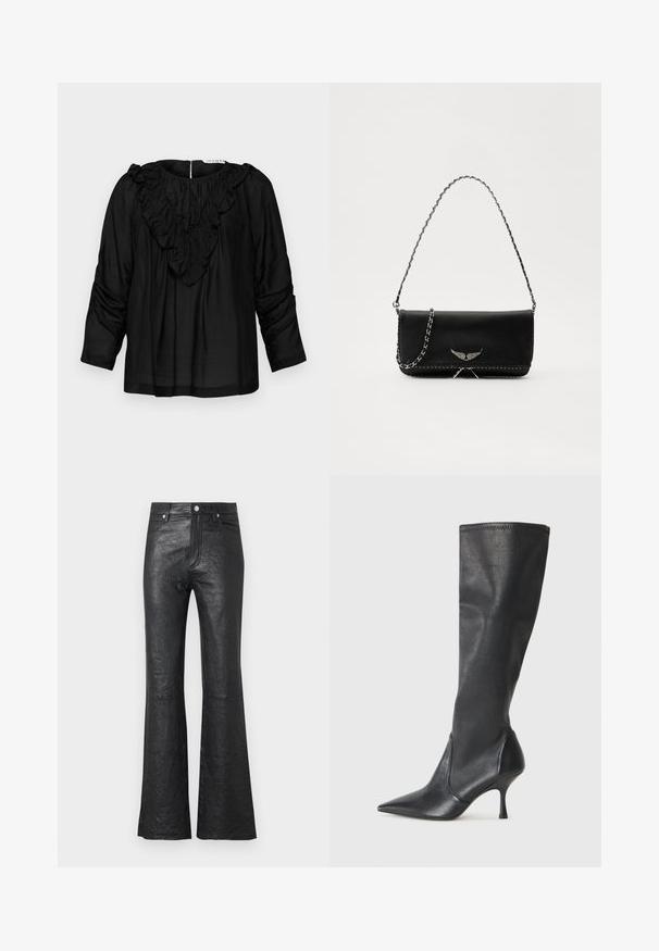 Sort bluse med en flæset V-hals, trekvartærmer og samlede detaljer ved skuldrene, lavet af et glat, let stof.; Sorte læder flared bukser med en krøllet tekstur, høj talje, forlommer og en klassisk knaplukning med lynlås.; Knæhøje sorte læderstøvler med spidse tæer og slanke stiletto-hele. Glat tekstur med en tætsiddende design og syninger ved toppen.; Sort læderhåndtaske med en sølv kædestrop, der har dekorative vingedetaljer og hvid syning langs bunden.