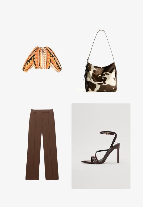 Langærmet cropped bluse i orange, sort og hvidt stof med geometriske mønstre, samlet halsudskæring og elastisk kant.; Brune, vide benbukser lavet af glat stof; har fodret frontfolder og en flad talje med bæltestropper.; Bordeaux laker læder højhælede sandal med ankelrem, spids tå og tre vandrette remme over foden. Detalje med spænde i guldtonet.; Brun og creme farvet koe læder skuldertaske med en glat læderrem, lynlås lukning og en blød, tekstureret overflade med et naturligt mønster.