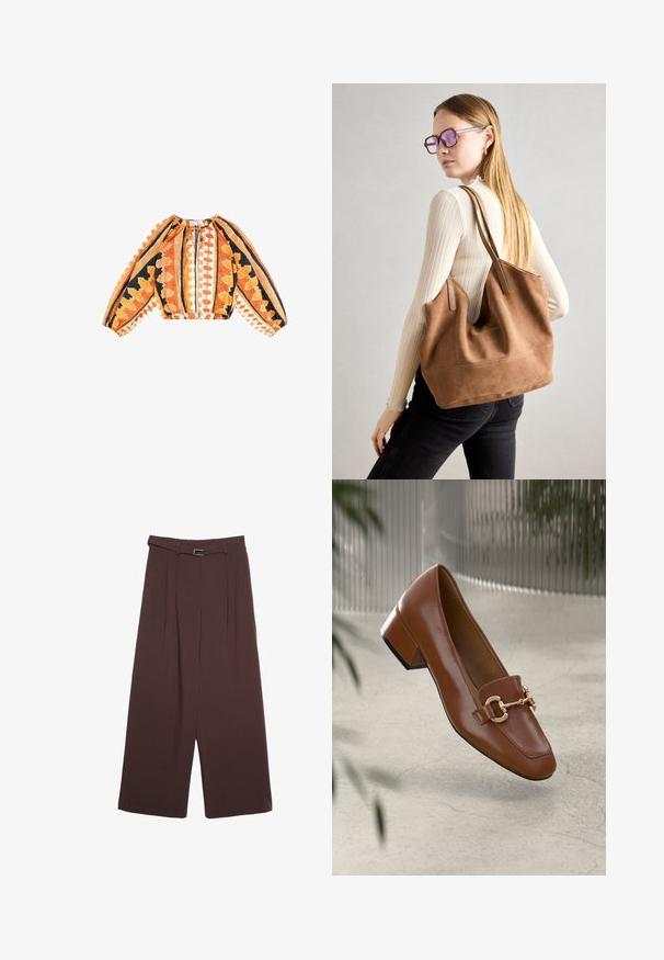 Langærmet cropped bluse i orange, sort og hvidt stof med geometriske mønstre, samlet halsudskæring og elastisk kant.; Stradivarius WIDE-LEG WITH BUCKLE DETAIL  - Bukser - dark brown; Brun patentlæder loafers med firkantet tå, metallisk kædeaccent og lav blokhæl; glat tekstur, minimalistisk design.; Brun ruskind tote taske med blød tekstur, stor åbning og lange stropper. Har et enkelt design med synlige syninger og ingen hardware.