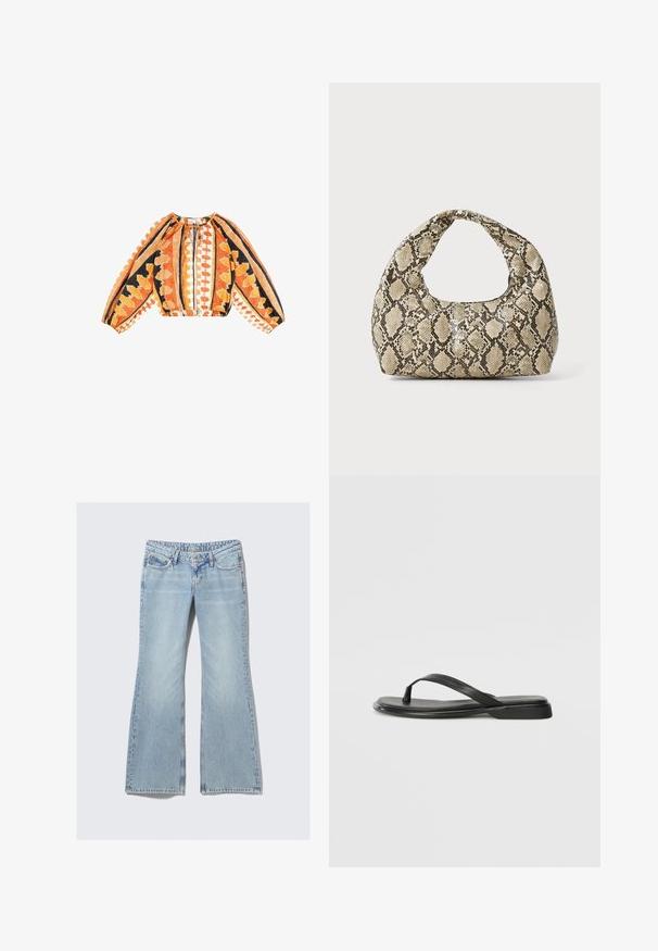 Bluzka z długim rękawem, krótka, w pomarańczowym, czarnym i białym kolorze, z geometrycznymi wzorami, zebranym dekoltem i elastycznym wykończeniem.; Weekday NOVA niebieski; Czarne klapki wykonane z gładkiej skóry, z cienkim paskiem i płaską podeszwą o minimalistycznym profilu. Brak widocznych wzorów lub akcentów.; Torebka w wężowy wzór z zakrzywionym uchwytem. Wykonana z teksturowanych, beżowych i brązowych materiałów, z charakterystycznym wzorem w diamenty.