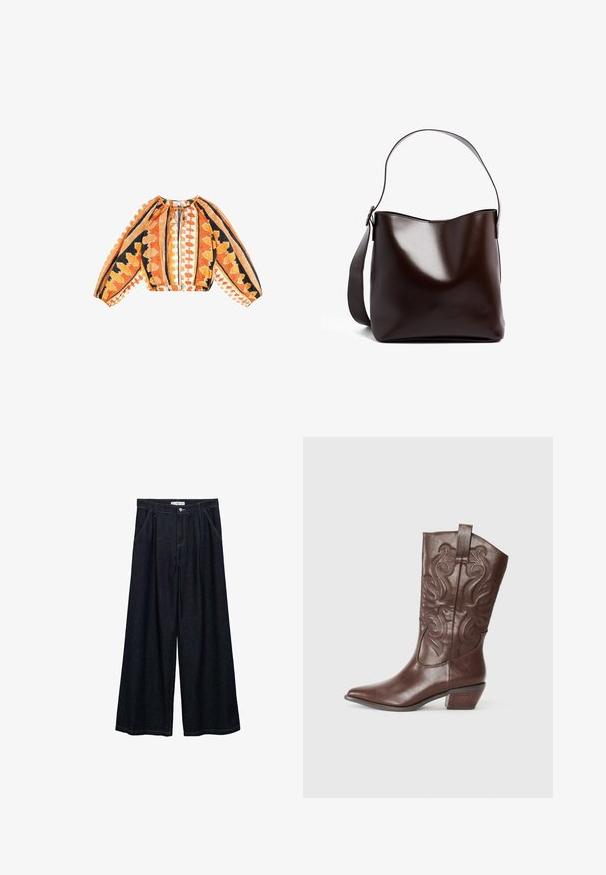 Langsleeve crop blouse in oranje, zwart en witte stof met geometrische patronen, gathered neckline en elastische zoom.; Donkerdenim wijde-broek met een hoge taille, voorzien van een sluiting met knoop aan de voorkant, twee zijzakken en stikdetails.; Bruine leren cowboylaars met een puntige neus, decoratieve stiksels op de schacht en een lage gestapelde hak. Gladde textuur met een gepolijste afwerking.; Bruine leren schoudertas met een gladde, glanzende textuur. Heeft een gebogen bovenkant en een brede schouderband. Eenvoudig ontwerp zonder versieringen.