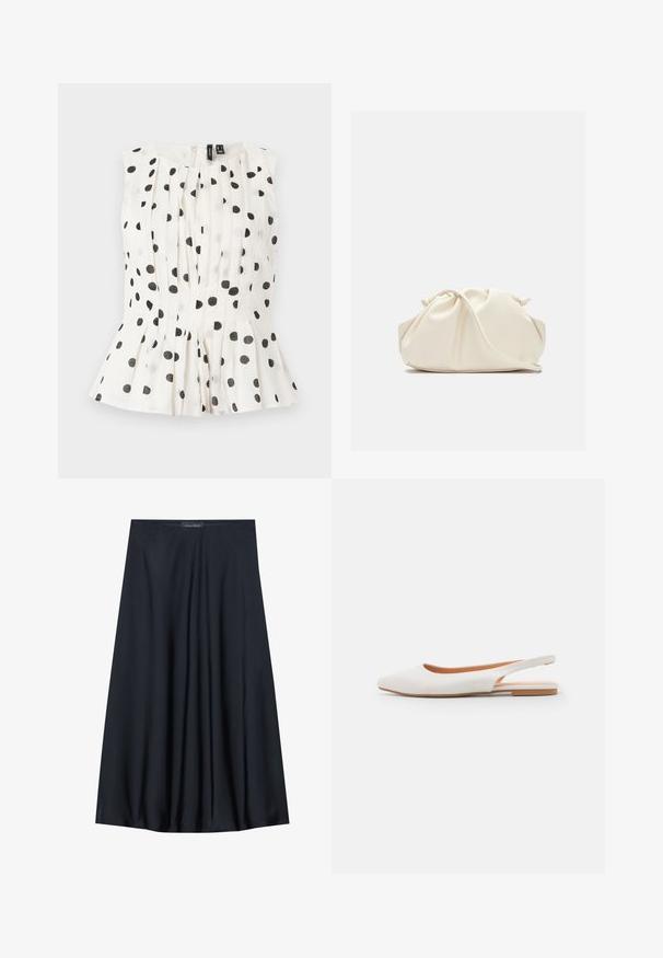 Top senza maniche bianco con pois neri, caratterizzato da pieghe e un orlo svasato. Il tessuto sembra leggero e testurizzato. Chiusura con zip sul retro.; Gonna nera al ginocchio realizzata in tessuto leggero con un design fluido. Presenta una texture morbida e pieghe sottili per un tocco di dettaglio in più.; Ballerine slingback bianche in pelle con punta appuntita, design minimale, suola piatta e dettaglio intagliato sul tallone. Texture liscia.; Borsa in ecopelle color crema, morbida, con design arricciato, tracolla regolabile e chiusura a coulisse discreta. Texture liscia e forma arrotondata.; Orologio da polso rettangolare dorato con quadrante bianco, indicatori delle ore in tono argento e un robusto bracciale in metallo. Include la funzione di resistenza all'acqua.