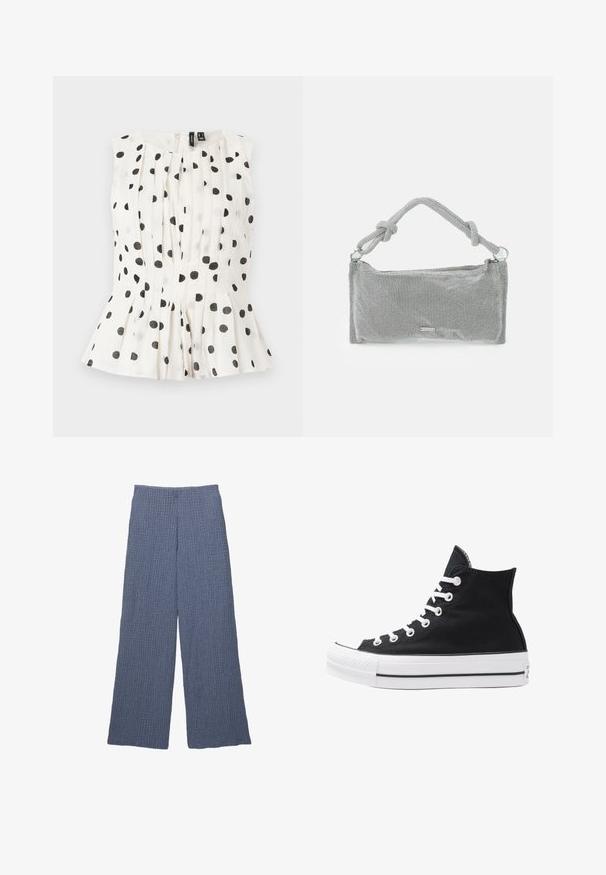 Mouwloos topje in het wit met zwarte stippen, voorzien van plooien en een uitlopende zoom. De stof lijkt lichtgewicht en textuur te hebben. Achterkant met ritssluiting.; Blauwe textuur wijde broek met een ribbelpatroon, voorzien van een hoge tailleband en een losvallende pasvorm, geschikt voor casual gebruik.; Hoge zwarte canvas sneaker met witte oogjes, veters en rubberen zool. Beschikt over een gestructureerde neuskap en zwart-witte streepaccenten.; Zilveren mesh handtas met een geknoopte handgreep, rechthoekige vorm, gestructureerd oppervlak en ritsluiting. Eenvoudig, modern ontwerp met minimale accenten.