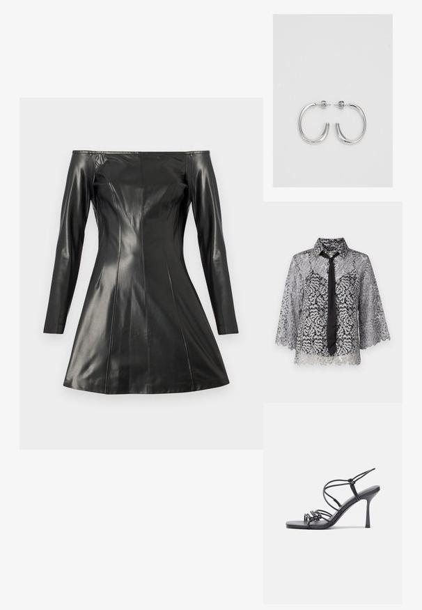 Spitzenbluse in Silber mit einer schwarzen Krawatte. Merkmale sind Glockenärmel, florale Muster und ein spitzes Kragen. Durchsichtige Textur mit einem gewellten Saum.; Schwarzes schulterfreies Kleid aus glattem Leder. Mit langen Ärmeln, maßgeschneiderter Form und ausgestelltem Rock. Auffällige Nähte und Texturdetaillierungen.; Schwarze, hochhackige Sandalen mit dünnen Riemen und einem geknoteten Design, einer glatten, rechteckigen Zehenpartie und einem eleganten Stiletto-Absatz.; Hellegraue metallische Handtasche mit einer Kettenriemen, verziert mit kleinen kreisförmigen metallic Nieten und einem dreieckigen Markenlogo.; Silberne Creolen mit einer glatten, glänzenden Oberfläche. Abgerundete Form, leichtes Design, mit einer Steckverschluss.