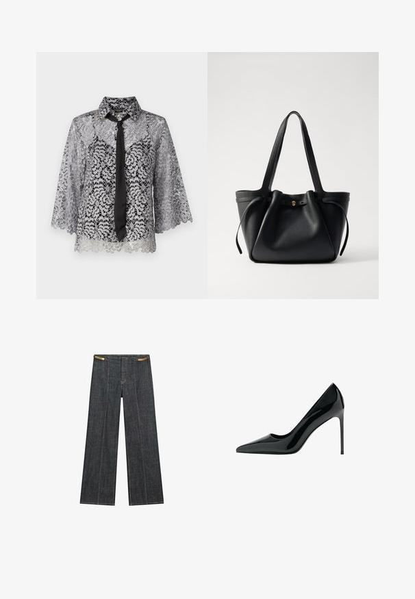 Koronkowa bluzka w kolorze srebrnym z czarnym krawatem. Posiada dzwonowe rękawy, kwiatowe wzory oraz spiczasty kołnierzyk. Przezroczysta faktura z falbaniastym dołem.; Ciemnoniebieskie dżinsowe spodnie o szerokich nogawkach i wysokim stanie. Posiadają widoczne szwy, zapięcie na guzik i unikalny łańcuszek jako akcent w talii.; Czarne lakierowane szpilki z ostrym noskiem i gładką, błyszczącą teksturą; wysoki, smukły obcas; minimalistyczny design.; Czarna skórzana torba tote z dwoma długimi ramiączkami, ściąganym topem i złotym okrągłym akcentem. Gładka tekstura i minimalistyczny design.
