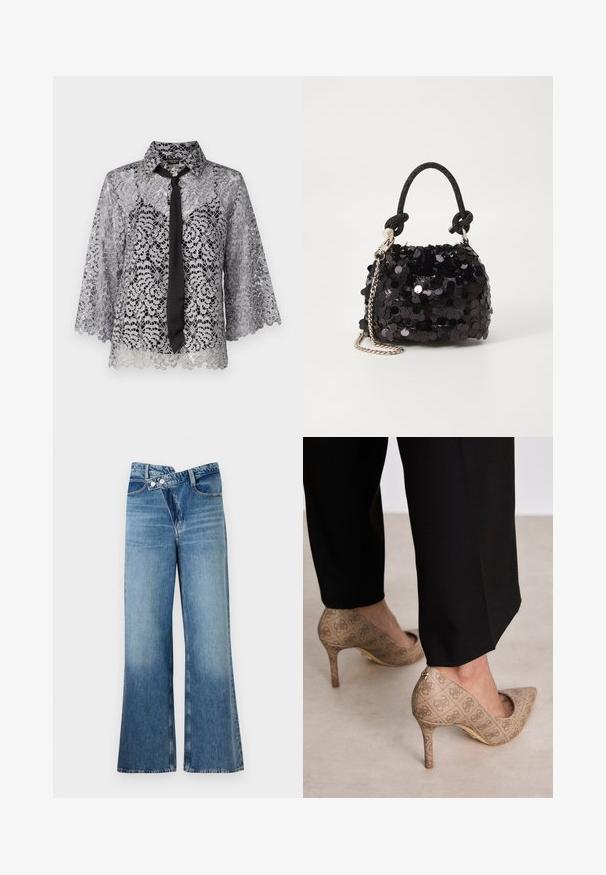 Blusa in pizzo argentato con un fiocco nero. Caratterizzata da maniche a campana, motivi floreali e colletto a punta. Tessuto trasparente con orlo a scallop.; Jeans a zampa d'elefante in denim blu chiaro con vita alta, dotati di due bottoni e tasche frontali. Il tessuto ha una texture sbiadita con variazioni sottili.; Scarpe con tacco alto beige in tessuto testurizzato con un motivo ripetuto. Design con punta appuntita e dettaglio dorato sul tacco.; Mini borsa a tracolla nera in paillettes con una tracolla texturizzata annodata e catena argentata. Forma rotonda con parte superiore arricciata e dettagli riflettenti.