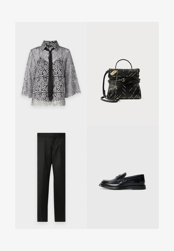 Lace blouse in zilver met een zwarte strik. Heeft klokmouwen, bloemmotieven en een puntige kraag. Doorzichtige textuur met een gegolfde zoom.; Zwarte broek van soepele stof, met een nauwsluitend ontwerp, rechte benen en een platte tailleband zonder zichtbare sluitingen of zakken.; Zwarte leren instapper met een gestikt ontwerp, een kleine voorklep en een platte rubberen zool. Glad textuur met goudkleurige hardware accent.; Zwarte leren handtas met geometrische witte stiksels, een handvat aan de bovenkant en een afneembare schouderband. Heeft gouden accenten en een ritssluiting.