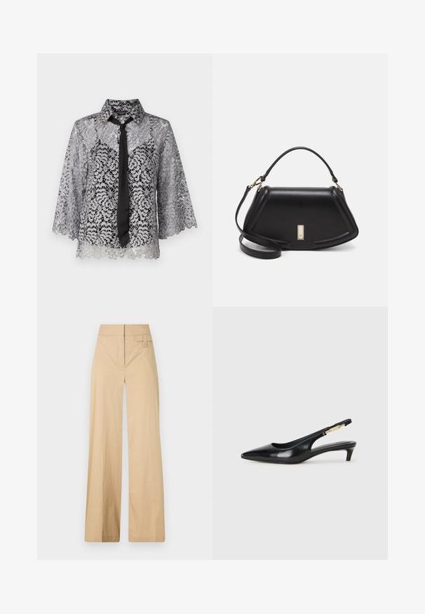 Blusa de encaje en plateado con una corbata negra. Presenta mangas acampanadas, patrones florales y un cuello puntiagudo. Textura traslúcida con un dobladillo en forma de concha.; Pantalones de pierna ancha beige fabricados en una mezcla de algodón. Presentan una textura suave, cinturilla elástica y un detalle de botón en el lateral.; Tacones negros de piel sintética tipo slingback con punta afilada, que cuentan con un tacón delgado y un detalle en tono dorado en la correa ajustable. Textura suave.; Bolso de mano de cuero negro con un diseño estructurado, que presenta una forma recortada, asa superior y acentos en dorado. Correa de hombro ajustable incluida.