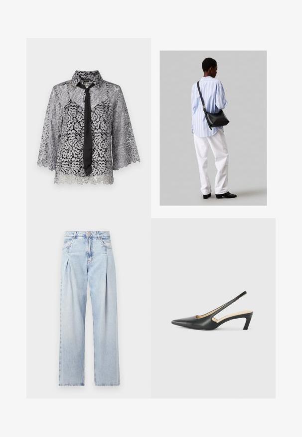 Sudraba mežģīņu blūze ar melnu kaklasaiti. Iespējas: zvana formas piedurknes, ziedu raksts un asais apkakle. Caurspīdīga tekstūra ar viļņotu apakšmalu.; Gaiši zilas džinsu bikses ar augstu jostasvietu, plats kāju griezumu, divām sānu kabatām un krokotā dizaina akcentiem. Mīksta tekstūra ar izdilušu apdari.; Melna, ar smailu purngalu, slingback kurpe ar zemu papēdi, izgatavota no gludas ādas materiāla un ar izgriezumiem sānos gaisa caurlaidībai.; Melna ādas plecu soma ar mīkstu tekstūru, trīsstūra formu un regulējamu siksnu, apvienota ar gaiši zilu svītrotu krekli un baltām biksēm.