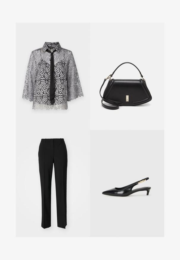 Sølvbluse i blonde med svart sløyfe. Har klokkeermer, blomster mønster og spiss krage. Gjennomsiktig tekstur med bølget kant.; Sorte skreddersydde bukser med rett silhuett, med en glatt tekstur og klare pressede bretter foran. Ingen synlig maskinvare.; Sorte lærreim hæler med spiss tå, som har en slank hæl og en gullfarget detalj på den justerbare stroppen. Glatt tekstur.; Sort lærveske med en strukturert design, som har en avkortet form, topphåndtak og detaljer i gull. Justerbar skulderstropp inkludert.