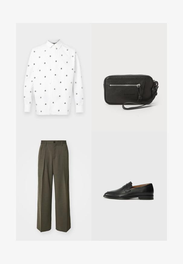 Valkoinen pitkähihainen paita, jossa on hopeanvärisiä metalliniittejä satunnaisessa kuosissa, terävä kaulus ja nappikiinnitys edessä.; Filippa K WIDE TROUSERS - Housut - driftwood; Musta nahkainen loafer, jossa on pyöreä kärki, hienovarainen ommelkoristelu ja matala korko, joka on varustettu sileällä pinnalla ja minimalistisella designilla.; Mustakotelo, jossa on tekstuuri, etupinossa vetoketjullinen tasku ja irrotettava ranneke. Edessä on logopatch. Suorakulmainen muoto.