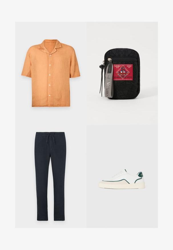 Koszula krótki rękaw, zapinana na guziki, w jasnopomarańczowym lnianym materiale z klapami i pięcioma guzikami z przodu. Gładka faktura, swobodny krój.; Ciemnoniebieskie lniane spodnie z elastycznym pasem, prostym krojem i minimalną teksturą. Brak widocznych wzorów i detali metalowych.; Białe niskie tenisówki z zielonymi wykończeniami, beżowymi zamszowymi detalami i kremową podeszwą z jednolitą fakturą.; Czarna saszetka z teksturowanej tkaniny, z czerwoną łatką z logo, zamknięciem na zamek oraz szarym paskiem z wytłoczonym nazwiskiem marki.