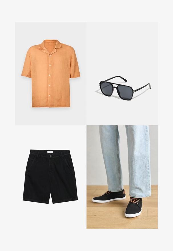 Korte mouwen, knoopsluiting in een lichtoranje linnen stof met een notch-kraag en vijf knopen aan de voorkant. Soepele textuur, casual ontwerp.; Zwarte spijkerbroekshorts met een klassieke pasvorm, voorzien van twee voorkruiszakken, een knoopsluiting en een label bij de tailleband. Gestructureerde stof.; Zwarte canvas sneakers met bruine accenten, witte rubberen zolen en bruine veters, gecombineerd met lichtblauwe spijkerbroeken met rechte pijpen. Houten vloer als achtergrond.; Zwarte zonnebril met een octagonaal frame, donkere lenzen, glanzende afwerking, dunne tempels en gouden accenten aan de voorkant.