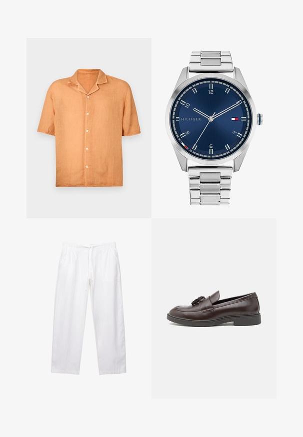 Camicia a maniche corte con bottoni in un tessuto di lino arancione chiaro, con colletto a punta e cinque bottoni sul davanti. Texture liscia, design casual.; Pantaloni bianchi, larghi e realizzati in tessuto leggero. Presentano un elastico in vita con cordino e due tasche laterali.; Mocassini in pelle marrone con punta tonda, un foulard decorativo, dettagli cuciti e un tacco in gomma basso per un maggiore comfort.; Orologio in metallo argentato con quadrante blu spazzolato, indici bianchi e display della data. Dotato di un bracciale metallico a maglie e logo del marchio.