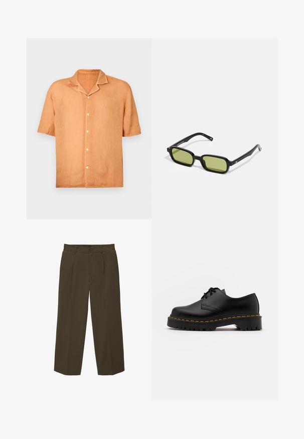 Kraťasová košile na knoflíky ze světle oranžové lněné tkaniny s klopovým límečkem a pěti knoflíky vpředu. Hladká textura, neformální design.; Hnědé volné kalhoty vyrobené z měkké látky, s plochým předním dílem, bočními kapsami a knoflíkovým zavíráním v pase. Jednoduchý design bez vzorů.; Černá kůže šněrovací boty s kulatou špičkou, texturovanou gumovou podrážkou a žlutým prošíváním kolem základny. Plný design a hladký povrch.; Černé sluneční brýle s ostrým designem, zrcadlové zelené skla a hladké plastové rámy. Na spáncích mají zlaté detaily.