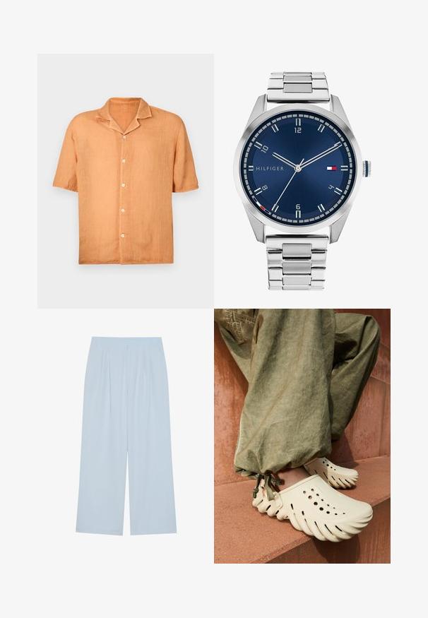 Short-sleeve, button-up shirt in a light orange linen fabric with a notch collar and five buttons down the front. Smooth texture, casual design.; Light blue wide-leg trousers made from a smooth material, featuring front pleats and an elasticized waistband for comfort.; Beige rubber clogs with a wavy edge and ventilation holes, worn with green, cinched cuff pants, resting on a textured terracotta surface.; Silver metal watch with a brushed blue dial, white hour markers, and a date display. Features a linked metallic band and brand logo.