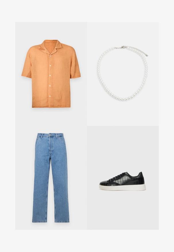 Lyhythihainen, nappikiinnitteinen paita vaalean oranssista pellavakankaasta, jossa on notch-kaulus ja viisi nappia edessä. Sujuva rakenne, rento muotoilu.; Vaaleansininen denim-suorat housut, joissa on klassinen viiden taskun muotoilu, etupainike ja vyölenkit. Sujuva pinta.; Musta lenkkarit, joissa on teksturoitu krokotiililla kohokuvioitu nahkapinta, pyöristetty varvas ja erottuva valkoinen kumipohja, jossa on sileä pinta.; Valkoinen helminauha, jossa on tasainen pyöreä muoto, sileä pinta ja metallisolki, jossa on pidennysketju säädettävää pituutta varten.