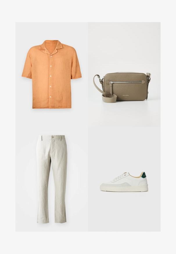 Kratkām piedurknēm, pogājama krekla gaiši oranžā lina audums ar iegrieztu apkakli un piecām pogām priekšā. Gluda tekstūra, ikdienišķs dizains.; Gai bēša lina bikses ar taisnu griezumu, smalku tekstūru, priekšējo pogu aizdari un divām sānu kabatām. Veidotas tīram siluetam.; Baltas sneakers ar zamša akcentiem, noapaļota purngala, plakaniem auklām un krēmkrāsas gumijas zoli. Ar zaļu zīmolu uz papēža.; Gaiši brūns teksturēts ādas crossbody soma ar priekšējo rāvējslēdzēja kabatu un regulējamu siksnu. Sudraba detaļas izceļ minimālistisko dizainu.