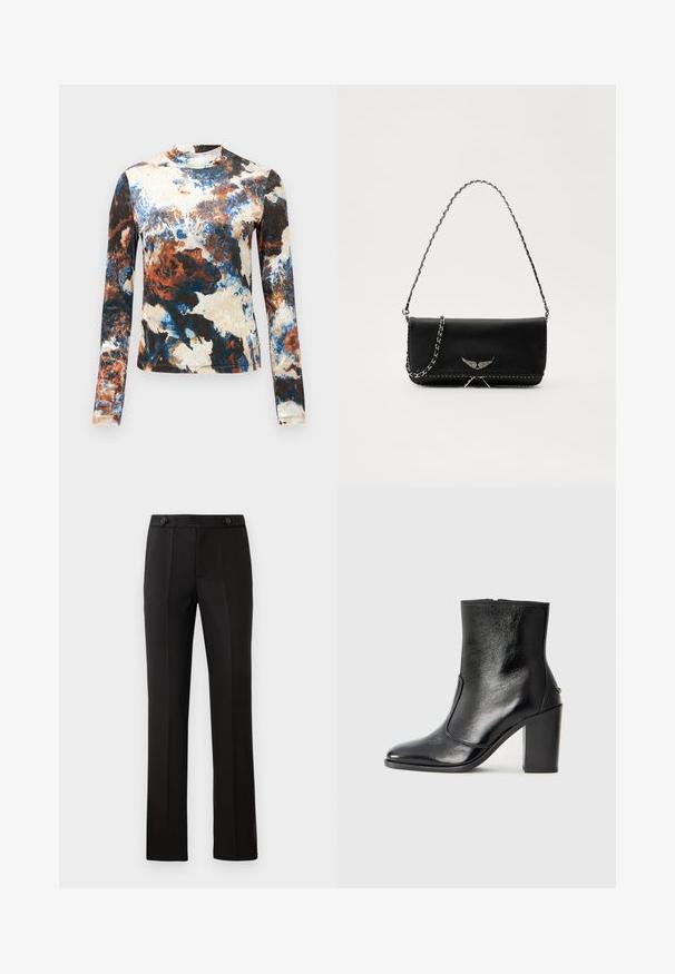 Majica z dolgimi rokavi v mešanici abstraktnih vzorcev v modri, rjavi in smetani. Mehka tkanina z oprijetim dizajnom in visokim ovratnikom.; Črne krojene hlače s ravnim nogavicam, dvema sprednjima žepoma, gumbom za zapiranje in nabranimi detajli spredaj. Gladka tekstura tkanine.; Črne usnjene gležnarske čevlje z gladko teksturo, koničastim nosom in debelim visokim petam. Imajo stransko odprtino in minimalističen dizajn.; Črna usnjena torbica s srebrnim verižnim ročajem, ki ima okrasne krilate poudarke in belo šivanje ob spodnjem šivu.