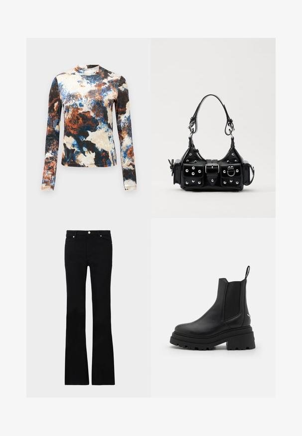 Langärmliges Oberteil in einer Mischung aus blauen, braunen und cremefarbenen abstrakten Mustern. Weicher Stoff mit taillierter Passform und hohem Kragen.; Schwarze, ausgestellte Jeans aus Denim, ausgestattet mit zwei Fronttaschen, einem Knopfverschluss und einer glatten Oberfläche. Signatur-Nähte an den Nähten sichtbar.; Schwarze Chelsea-Stiefel aus glattem Leder mit elastischen seitlichen Einsätzen, einer dicken, geriffelten Gummisohle und einer Schlaufe an der Rückseite.; Schwarze Lederhandtasche mit einem geschwungenen Design, verziert mit silbernen Nieten, einer Schnalle und zwei seitlichen Taschen. Verstellbarer Träger für verschiedene Tragemöglichkeiten.