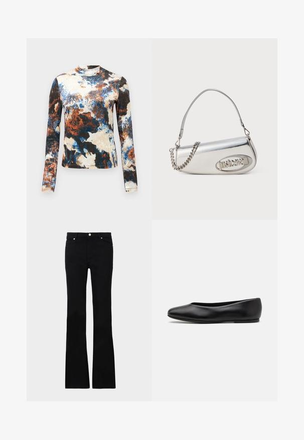 Langærmet top i en blanding af blå, brun og cremefarvede abstrakte mønstre. Blødt stof med en tætsiddende pasform og høj hals.; Sorte bløde jeans lavet af denim, med to frontlommer, knaplukning og en glat tekstur. Signaturstikninger synlige ved sømmene.; Paul Smith TOPANGA - Ballerinasko - black; Sølv metallic håndtaske med en afrundet trekantet form, der har et logo, kædetræk og glat tekstur. Lynlås lukning på siden.