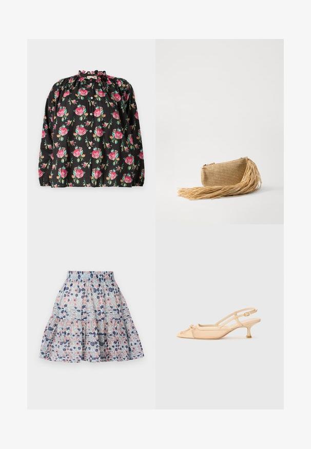 Crna cvjetna bluza s uzorkom ruža u ružičastoj i zelenoj boji, volanastim izrezom, dugim rukavima s elastičnim manžetama i kopčanjem sprijeda.; Suknja s cvjetnim uzorkom u svijetloplavoj boji, s ružičastim i mornarsko plavim cvjetovima. Stepenasti dizajn s elastičnom gumicom u struku i mekom, teksturiranom tkaninom.; Stuart Weitzman KITTY - Klasične cipele s visokom petom - beige/barely beige; Cult Gaia VIERA - Ručna torbica - natural