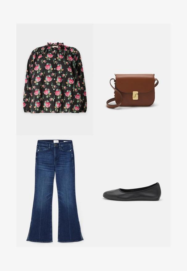 Zwarte bloemetjesblouse met roze en groene rozenpatronen, ruches aan de halslijn, knopen aan de voorkant en lange mouwen met elastische manchetten.; Donkerblauwe uitlopende jeans gemaakt van denim. Beschikt over een hoge taille, voorzakken en splitdetails aan de zoom. Klassiek vijfzakontwerp.; Zwarte leren ballerina met een ronde neus, gladde textuur, minimale stikdetails en een flexibele zoolontwerp.; Bruine leren handtas met een klep sluiting, gouden hardware, een schouderband en een gladde textuur. Compact rechthoekige vorm.