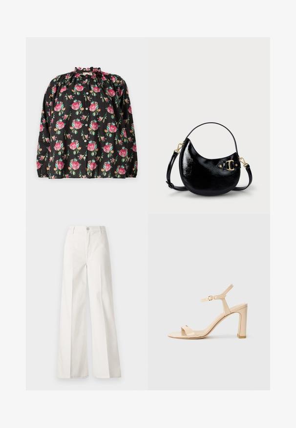 Schwarze Bluse mit floralen Mustern in rosa und grün, Rüschenausschnitt, Knopfverschluss und langen Ärmeln mit elastischen Bündchen.; Weiße weite Hosen aus Baumwolle mit glatter Textur. Sie verfügen über einen vorderen Knopf, einen Reißverschluss und ein Design mit vier Taschen.; Beige High-Heel-Sandale mit Knöchelriemen und goldener Schnalle, offene Zehen und Blockabsatz auf weißem Hintergrund.; Schwarze Handtasche aus Lackleder in geschwungener Form, mit verstellbarem Trageriemen und goldfarbenen Hardware-Details an der Seite. Glatte, glänzende Textur.