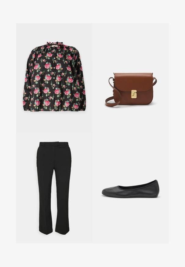 Črna cvetna bluzica z rožnatimi in zelenimi vzorci vrtnic, z nabranim ovratnikom, gumbom spredaj in dolgimi rokavi z elastičnimi manšetami.; Črne krojene hlače s ravnim krojem, z nožicami za pas in stranskimi žepi. Narejene iz gladkega materiala z čistim zaključkom.; Črne usnjene balerinke z zaobljenim nosom, gladko teksturo, minimalnimi šivi in fleksibilno zasnovo podplata.; Rjava usnjena torbica s poklopcem, zlato obarvani okovi, naramnica in gladka tekstura. Kompaktna pravokotna oblika.