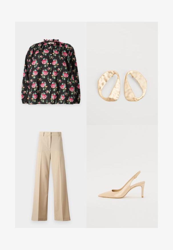 Melna ziedu blūze ar rozā un zaļām rožu rakstām, ar volānu apkakli, pogu priekšpusi un garām piedurknēm ar elastīgām aprocēm.; Bēža platā kāju bikses, izgatavotas no gludas auduma, ar plakanu priekšpusi un krokām, ar rāvējslēdzēja aizdari un jostu cilpām. Visā garumā pielāgota piegriezuma.; Nude lakota ādas paps papēdis ar norādītu purngalu, atvērtu augšdaļu un plānu stiletto papēdi. Iezīmē apļa zelta akcentu siksnā.; Pāris neregulāras ovālas formas zelta toņos metāla auskaru ar teksturētu, nedaudz sitētu virsmu uz baltas fona.