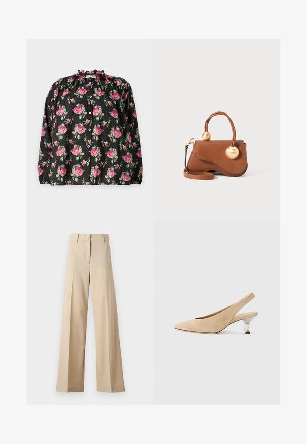 Black floral blouse featuring pink and green rose patterns, ruffled neckline, button front, and long sleeves with elastic cuffs.; Beige wide-leg trousers made of smooth fabric, featuring a flat front with pleats, a zip fly, and belt loops. Tailored fit overall.; Beige suede slingback shoe with a pointed toe and a transparent, rounded heel. Smooth texture and minimalist design.; Brown leather handbag with a wavy design, featuring two circular gold accents and a detachable shoulder strap for versatile carrying.