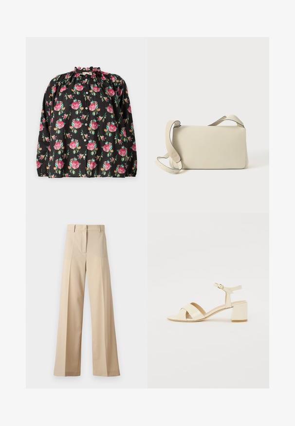 Musta kukkamekko, jossa on vaaleanpunaisia ja vihreitä ruusukuoseja, röyhelökaulus, napitus edessä ja pitkät hihat joustavilla hihoilla.; Beige leveled trousers made from smooth fabric, featuring a flat front with folds, a zip fly, and belt loops. Overall tailored fit.; Beige patento nahkapohjalliset korkokengät ristiin menevällä hihnalla, avonaisella varpaalla, säädettävällä nilkkahihnalla ja lohkarekorolla. Sujuva pinta.; Kreemivärvi nahast õlavarre kott, millel on reguleeritav rihm ja klapi sulgur, seistes tasasel valgel taustal.