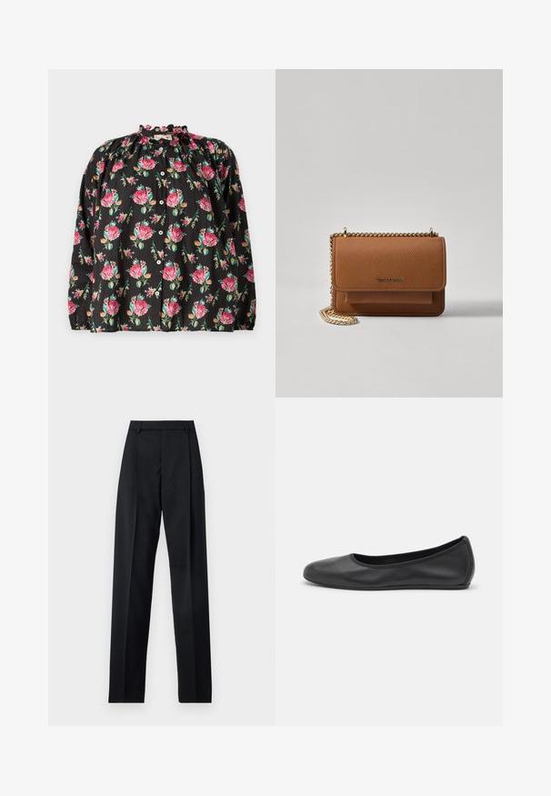 Schwarze Bluse mit floralen Mustern in rosa und grün, Rüschenausschnitt, Knopfverschluss und langen Ärmeln mit elastischen Bündchen.; Schwarze Hosen aus glattem Stoff mit hoher Taille, weitem Bein, vorderen Falten und klassischen Gürtelschlaufen. Keine sichtbaren Seitentaschen.; Schwarze Leder-Ballettschuhe mit abgerundeter Spitze, glatter Textur, minimalen Nähdetails und einem flexiblen Sohlen-Design.; Braune strukturierte Ledertasche mit goldener Kettenriemen und Klappenverschluss. Die Vorderseite zeigt ein Logo-Detail und eine Tasche unter der Klappe.