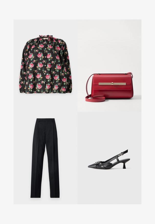 Sort blomsterbluse med pink og grønne rosémønstre, flæset halsudskæring, knaplukning foran og lange ærmer med elastiske manchetter.; Sorte bukser lavet af glat stof, der har høj talje, brede ben, frontfolder og klassiske bælteløkker. Ingen synlige sidelommer.; Sort lædersandal med spids tå, dekorative stropper med metaløjer og en lav blokhæl. Struktureret overflade.; Stuart Weitzman POSH SHOULDER BAG - Skuldertasker - cherry