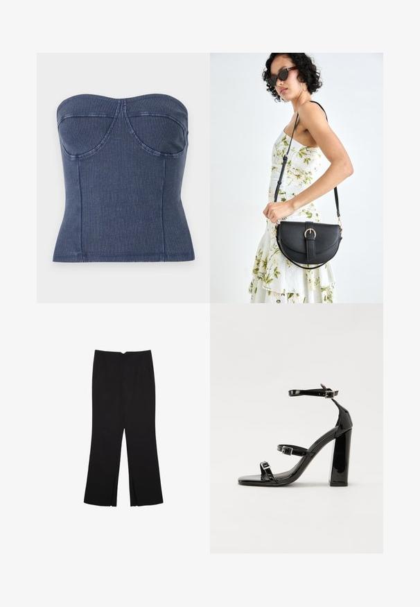 Navyblaues trägerloses Oberteil aus geripptem Stoff. Es hat ein strukturiertes Mieder mit Nähten und eine figurbetonte Silhouette.; Schwarze Hose mit geradem Schnitt, ausgestattet mit Fronttaschen und Seitenschlitzen am Saum. Hergestellt aus weichem, glattem Stoff. Geeignet für verschiedene Anlässe.; Schwarze patentierte Sandalen mit Absatz, quadratischer Spitze, Knöchelriemen und silbernen Schnallen. Mit einem stabilen Blockabsatz für mehr Stabilität.; Schwarze Lederhandtasche mit geschwungener Form, abnehmbarem Tragegurt und goldenen Beschlägen. Die Tasche verfügt über einen Deckel mit einer Schnallen-Details.