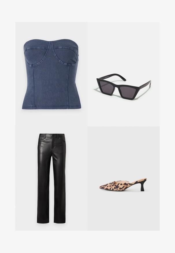 Top fără bretele de culoare bleu marin, realizat dintr-un material cu fante. Acesta prezintă un corsaj structurat, cu detalii de cusătură și o siluetă ajustată.; Pantaloni din piele neagră cu croială dreaptă, prevăzuți cu închidere cu nasture și buzunare la față. Textură netedă cu detalii de cusătură subtile.; Pantof cu vârf ascuțit, cu un model leopard pe partea superioară și un toc mic negru, pe un fundal deschis.; Ochelari de soare negri, unghiulari, cu lentile gri; fabricați din plastic, având brațe groase cu o suprafață netedă și fără hardware vizibil.