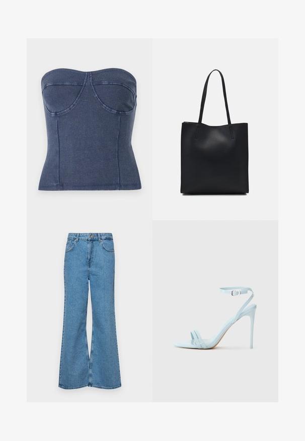 Marineblauwe strapless top van ribstof. Het heeft een gestructureerde lijfje, met stikseldetails en een slim-fit silhouet.; Lichtblauwe flared jeans van denim, met een hoge taille, vijf zakken en een enkele knoopsluiting. Zachte textuur met een vervaagde afwerking.; Lichtblauwe stiletto-sandaal met twee voetranden en enkelband, gemaakt van soepel patenten materiaal, met een slanke hak en een minimalistisch ontwerp.; Zwarte leren handtas met een gladde textuur, rechthoekige vorm en twee lange handvaten. Geen zichtbare hardware of versieringen.