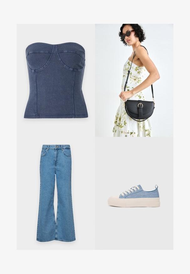 Marineblå stropløs top lavet af ribbet stof. Den har en struktureret bodice med sømdetaljer og en tætsiddende silhuet.; Lysblå flagrende jeans lavet af denim, med høj talje, fem lommer og en enkelt knaplukning. Blød tekstur med en falmet finish.; Lyseblå lærredssneakers med en cremefarvet gummitåhætte og sål, udstyret med hvide snørebånd og en træksløjfe på hælen.; Sort læderhåndtaske med en buet form, aftagelig rem og guldfinish. Tasken har en klap med en spænde detalje.