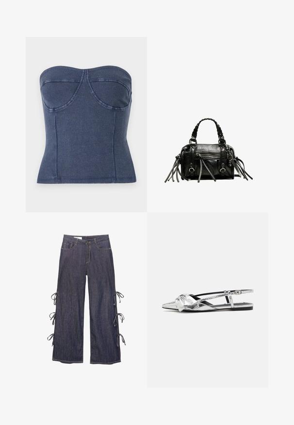 Marineblå stropløs top lavet af ribbet stof. Den har en struktureret bodice med sømdetaljer og en tætsiddende silhuet.; Mørkeblå denim bukser med bred benvidde, sidelukninger og knaplukning. Har forlommer og en afslappet silhuet.; Sølvmetallic slingback flade sko med spids tå, der har en knude-detalje foran og en justerbar rem for sikker pasform.; Sort læderhandtaske med flettede håndtag, tekstureret overflade, lynlåslomme foran og dekorative frynse-accenter. Kompakt og struktureret form.
