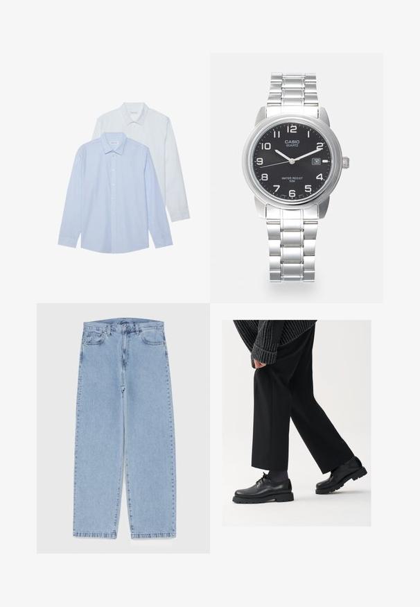 Twee overhemden met lange mouwen: de ene lichtblauw met dunne verticale strepen, de andere volledig wit. Beide hebben een kraag en knoopsluiting aan de voorkant.; Lichtblauwe denim jeans met een recht model, voorzien van een middelhoge taille, vijf zakken en een knoop- en ritssluiting.; Zwarte leren schoenen met een afgeronde neus, vetersluiting en een dikke, getextureerde zool. Draagt een gepaste zwarte broek en een geribbelde trui.; Kwarts horloge met een zilveren roestvrijstalen band, ronde zwarte wijzerplaat, witte uurmarkeringen en een datumaanduiding op 3 uur. Waterbestendig tot 50 meter.