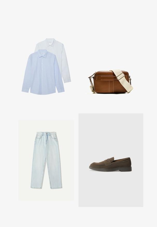 Dvě košile s dlouhým rukávem: jedna světle modrá s tenkými svislými pruhy, druhá jednobarevná bílá. Obě mají límečky a přední zapínání na knoflíky.; Světle modré džíny s volným střihem, rovnými nohavicemi, pěti kapsami a jemným vyblednutím látky.; Hnědé semišové loafer boty s kulatou špičkou, páskem přes nárt a plochou gumovou podrážkou. Jednoduchý design s čistými liniemi a minimálním zdobením.; Hnědá kožená taška přes rameno s bílým prošíváním, obdélníkový tvar, zipové uzavírání a béžový nastavitelný popruh. Obsahuje dvě přední kapsy.