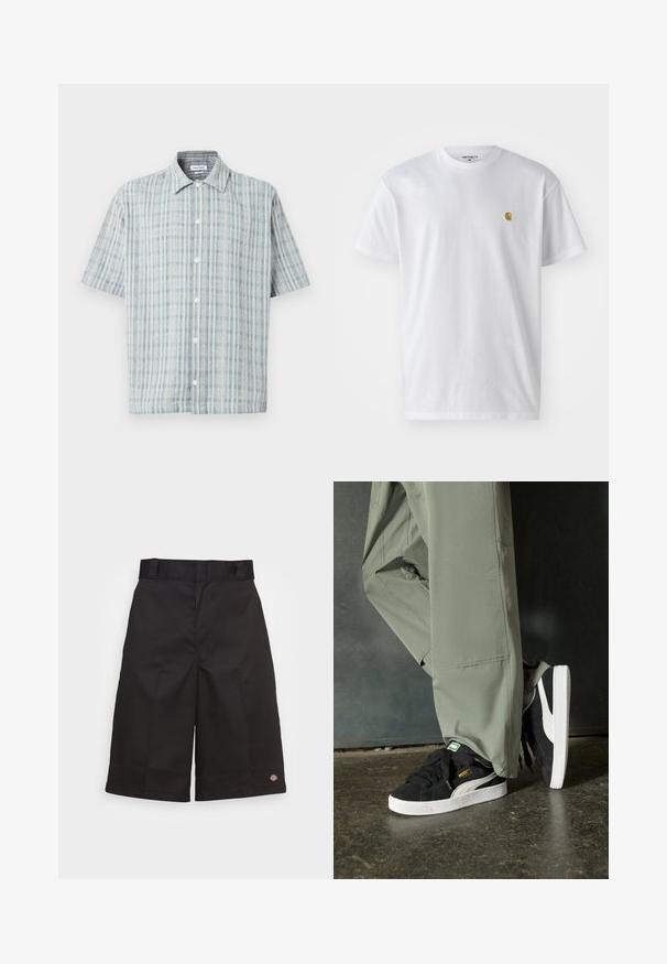 Camicia a maniche corte con bottoni, motivo a quadri blu e bianco, colletto aperto e bottoni bianchi sul davanti.; T-shirt bianco in cotone con maniche corte, con colletto girocollo, caratterizzato da un piccolo logo dorato sulla parte sinistra del petto. Tessuto morbido e vestibilità regolare.; Pantaloni corti neri in cotone con taglio dritto, lunghi fino al ginocchio, caratterizzati da un logo del marchio ben visibile sull'orlo e una trama liscia.; Sneaker in suede nero con suole in gomma bianca e strisce laterali, abbinate a pantaloni cargo verde chiaro, in piedi su una superficie scura e texture.