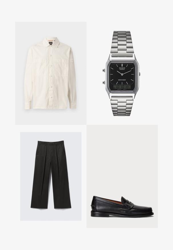 Beige langermet skjorte laget av lett stoff, med knapplist foran, to brystlommer og et merke på ermet.; Mørkeblå langermet henley-skjorte laget av ribbet stoff. Har rund halslinning og tre knapper. Ermene er tettsittende.; Svarte vide bukser med en glatt tekstur, med to frontlommer og en noe hevet midjebånd.; Sorte lær loafer med rund tå, broderte detaljer og et dekorativt bånd over fronten. Flat såle med minimal profil.; Sølv rustfritt stål kvartsur med en svart rektangulær urskive, med analoge visere, digital skjerm og vanntetthetsmerke.
